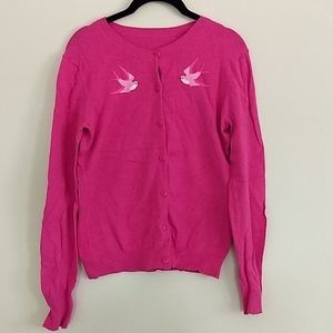 Pink Cardigan with Embroidered Swallows